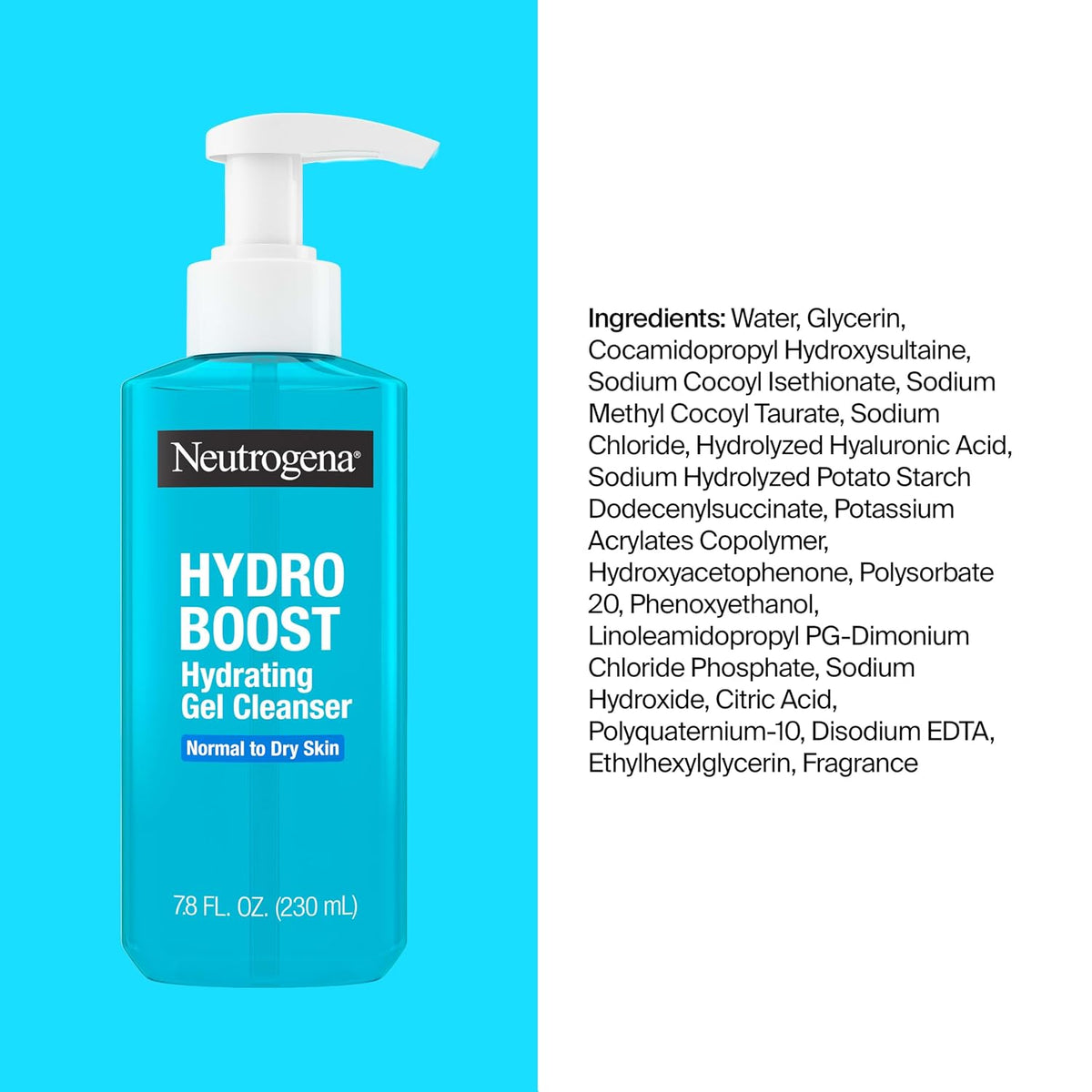 Neutrogena Hydro Boost Hydrating Face Wash & Makeup Remover, 7.8 Fl. Oz | Gentle Facial Cleanser Gel, with Hyaluronic Acid, Locks in Moisture, Hypoallergenic, Oil-Free, Soap-Free