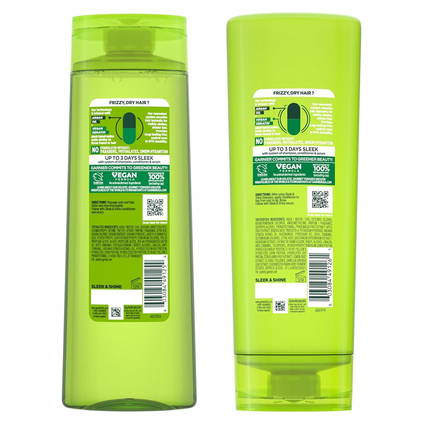 Garnier Fructis Sleek & Shine Shampoo and Conditioner Set for Dry, Frizzy Hair, up to 72 Hours of Frizz Control, Smooths Flyaways & Boosts Shine, 22 + 21 Fl Oz (Packaging May Vary)