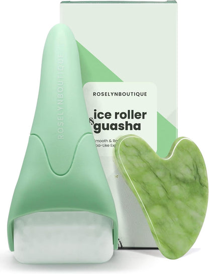 Gua Sha Facial Tools & Ice Roller for Face (Green) | Wrinkles Fine Lines Puffiness Massager Facial Self Care Gifts for Men Women