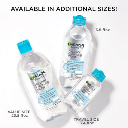 Garnier Micellar Water for Waterproof Makeup, Hydrating Facial Cleanser & Makeup Remover, Suitable for Sensitive Skin, Vegan, Cruelty Free, 13.5 Fl Oz (400Ml), 1 Count