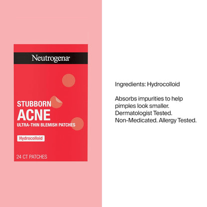 Neutrogena Stubborn Acne Patches, Ultra-Thin Pimple Patches, 24 Ct | Hydrocolloid Absorbs Impurities, Ultra-Thin, Works Overnight, Pimple Patches