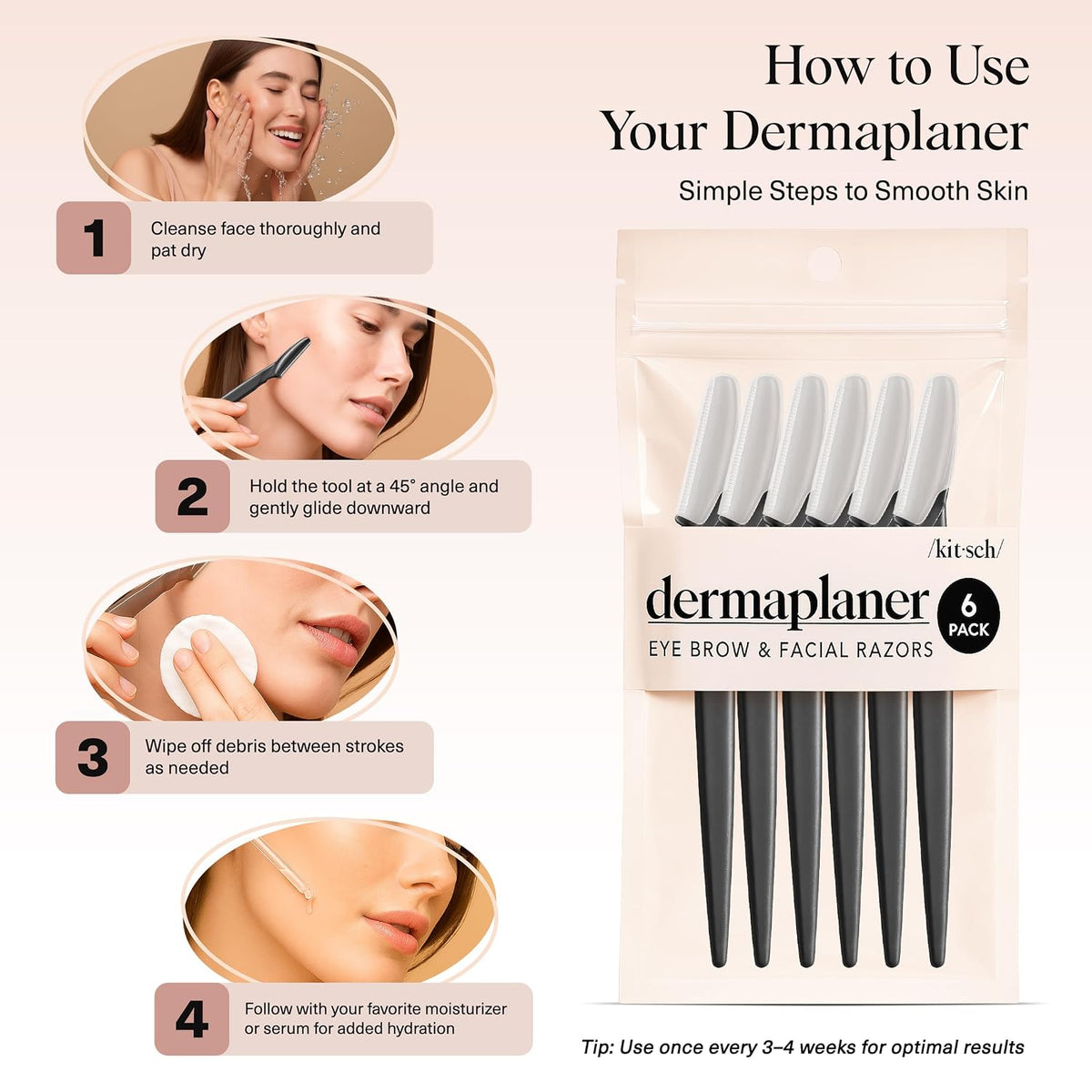 Kitsch Dermaplane Razor for Women Face – Black, 6 Pcs | Face Razors for Women & Men, Eyebrow Razor & Face Shaver – Exfoliating Facial Razor & Dermaplaner as Tool for Smoother Skin