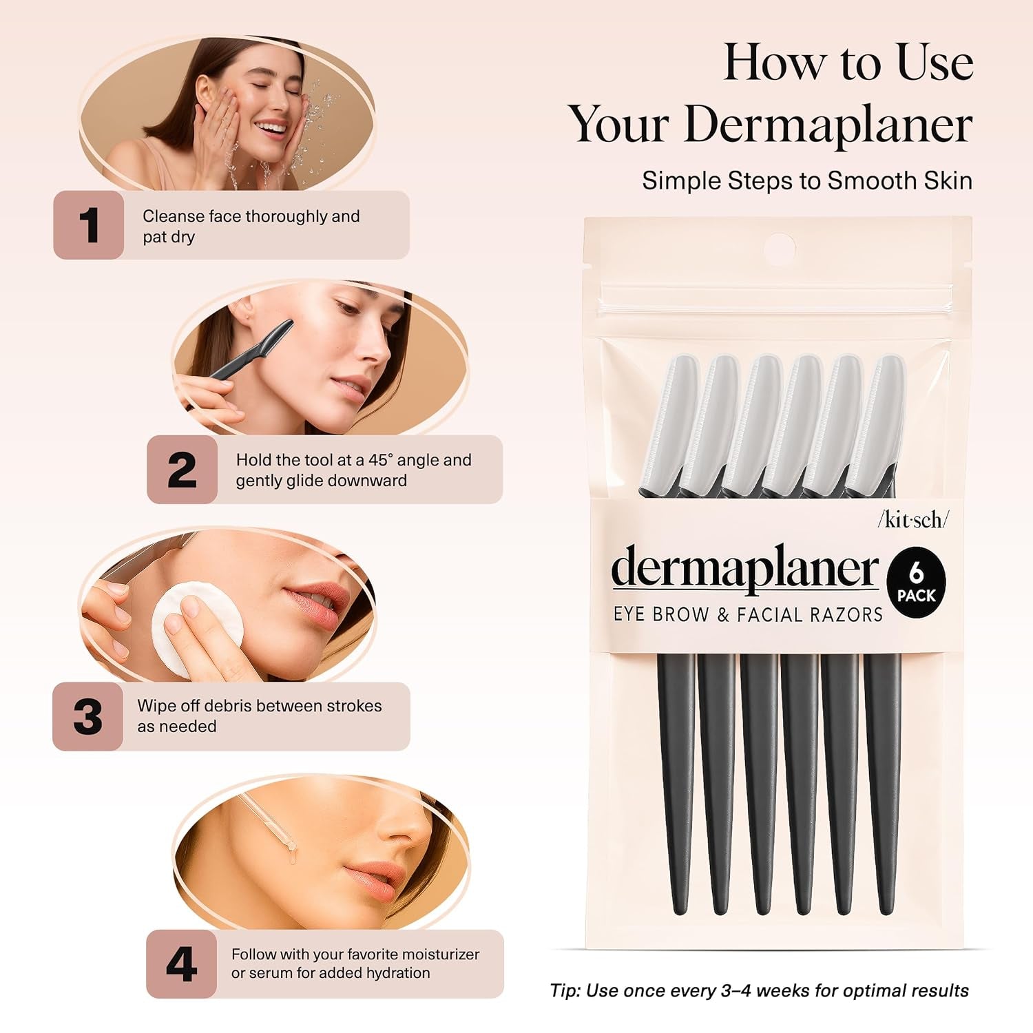 Kitsch Dermaplane Razor for Women Face – Black, 6 Pcs | Face Razors for Women & Men, Eyebrow Razor & Face Shaver – Exfoliating Facial Razor & Dermaplaner as Tool for Smoother Skin