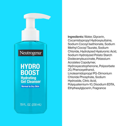 Neutrogena Hydro Boost Hydrating Face Wash & Makeup Remover, 7.8 Fl. Oz | Gentle Facial Cleanser Gel, with Hyaluronic Acid, Locks in Moisture, Hypoallergenic, Oil-Free, Soap-Free