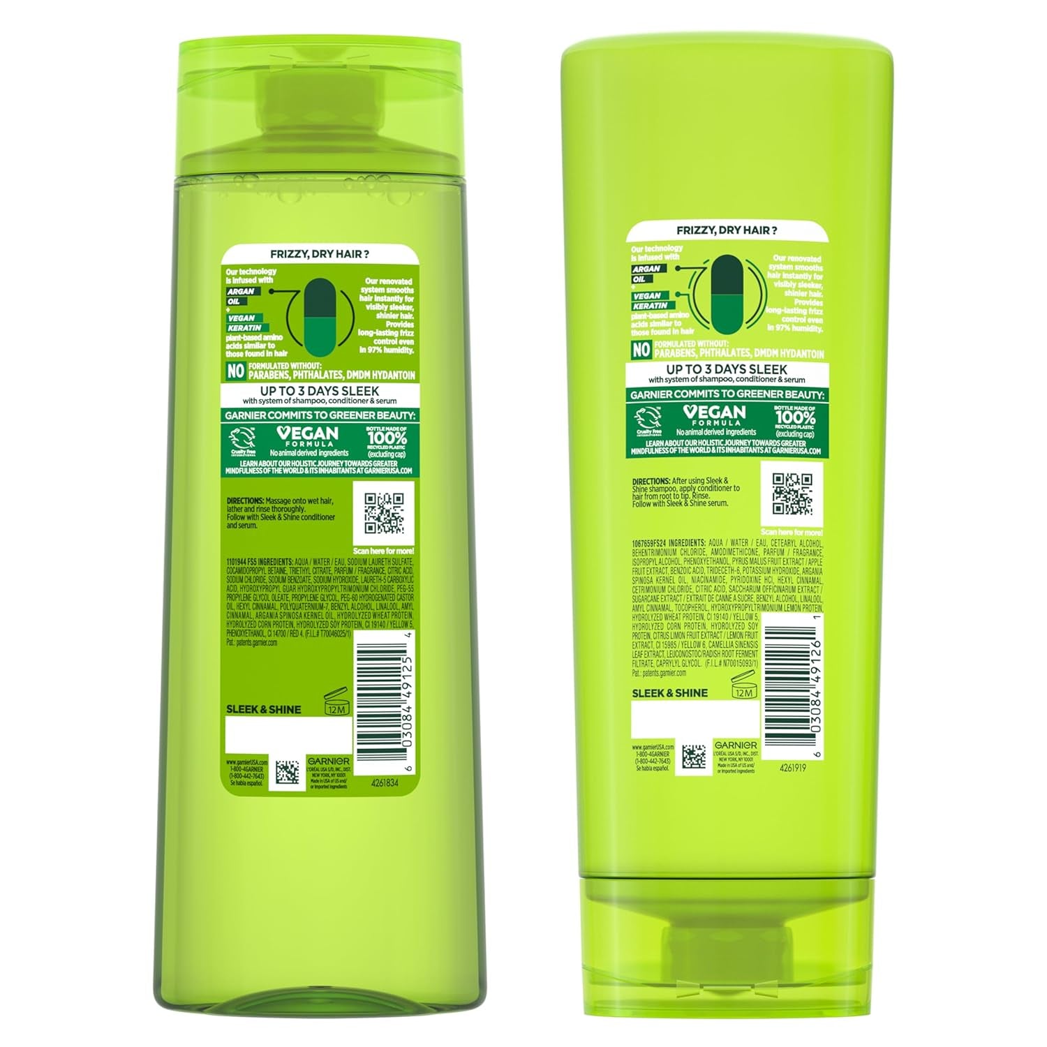 Garnier Fructis Sleek & Shine Shampoo and Conditioner Set for Dry, Frizzy Hair, up to 72 Hours of Frizz Control, Smooths Flyaways & Boosts Shine, 22 + 21 Fl Oz (Packaging May Vary)