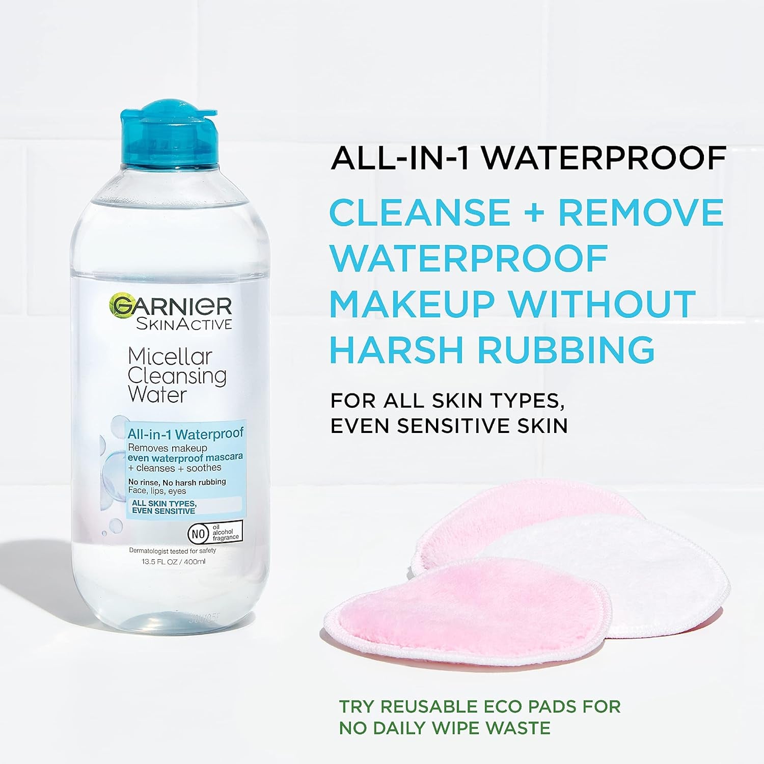 Garnier Micellar Water for Waterproof Makeup, Hydrating Facial Cleanser & Makeup Remover, Suitable for Sensitive Skin, Vegan, Cruelty Free, 13.5 Fl Oz (400Ml), 1 Count